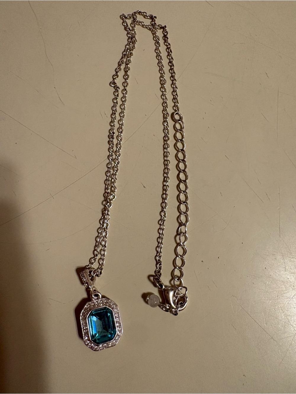 Avon Silver Tone Teal Blue Emerald-Cut Pendant Necklace